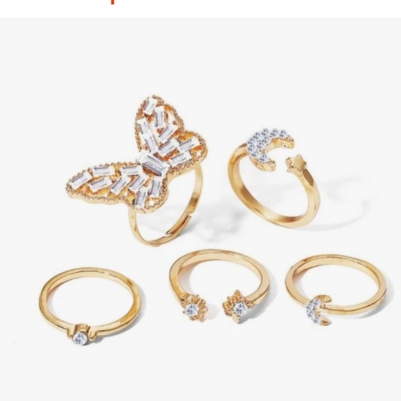 New 5 PCS Adjustable Rhinestone Butterfly Moon Ring Set - Picture 3 of 5